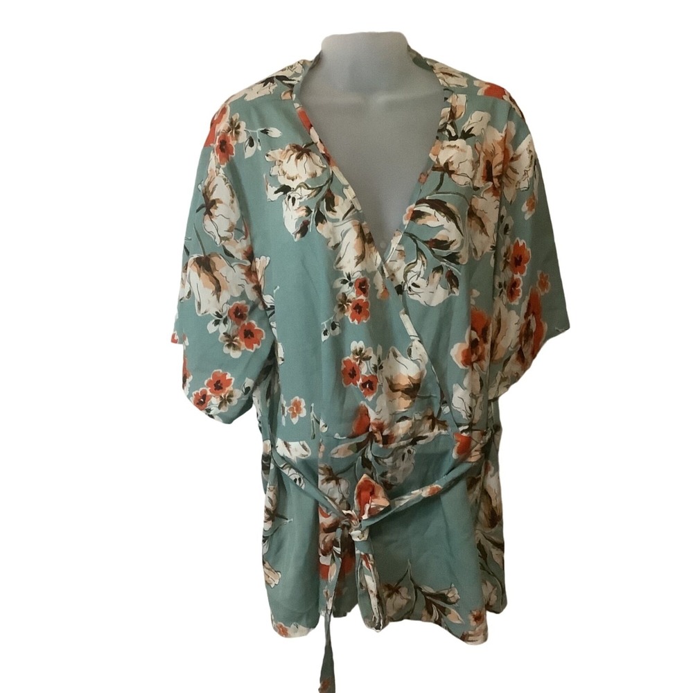 Shein Curve Women's Floral Wrap V‎ Neck Short Sleeves Shirt Blouse Size 3XL